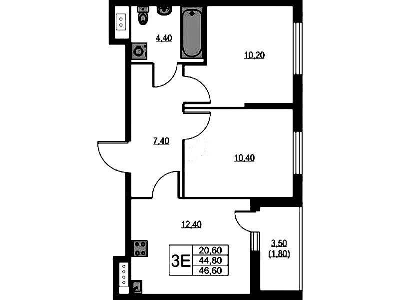 2-комнатная квартира 46.4 м², 4/11 эт., ЖК «А101 Лаголово»